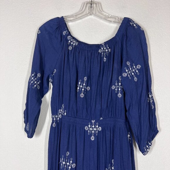 Blue White Maxi Dress Embroidered Cottagecore Scoop Neck Small - Picture 4 of 11